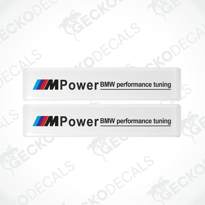 Set of four white vinyl decals with 'MPower BMW performance tuning' text and logo