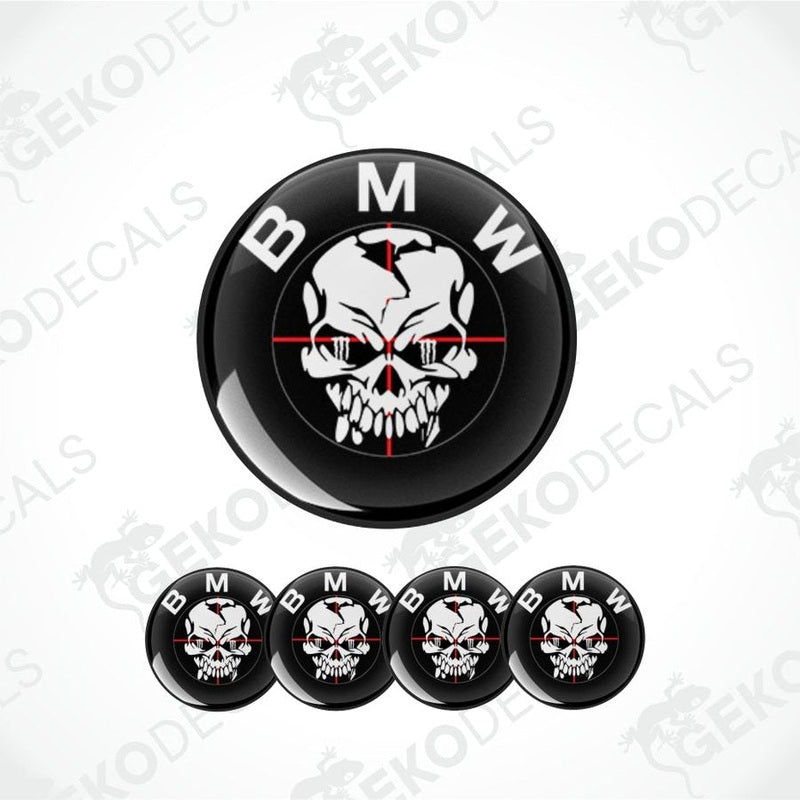 BMW logo with skull design and red crosshair on a white background