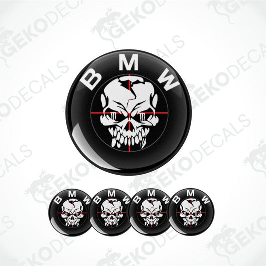BMW logo with skull design and red crosshair on a white background