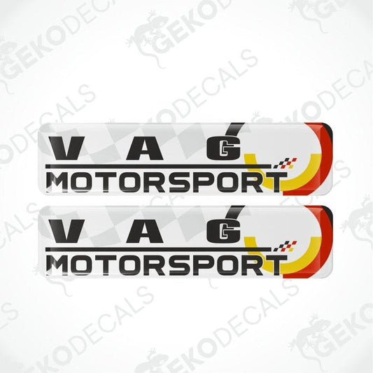 Two VAG Motorsport decals on a white background with 'GEKODECALS' branding.