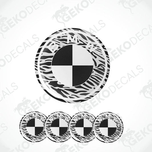A set of four black, white, and black vinyl stickers with a BMW logo design.