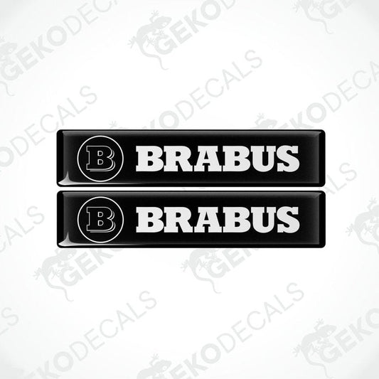 Two black and white rectangular BRABUS vinyl decals with a polyurethane coating.