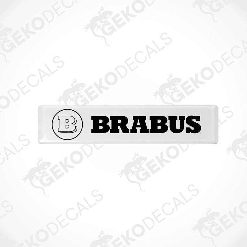 White and black rectangular BRABUS vinyl decals with a polyurethane coating.