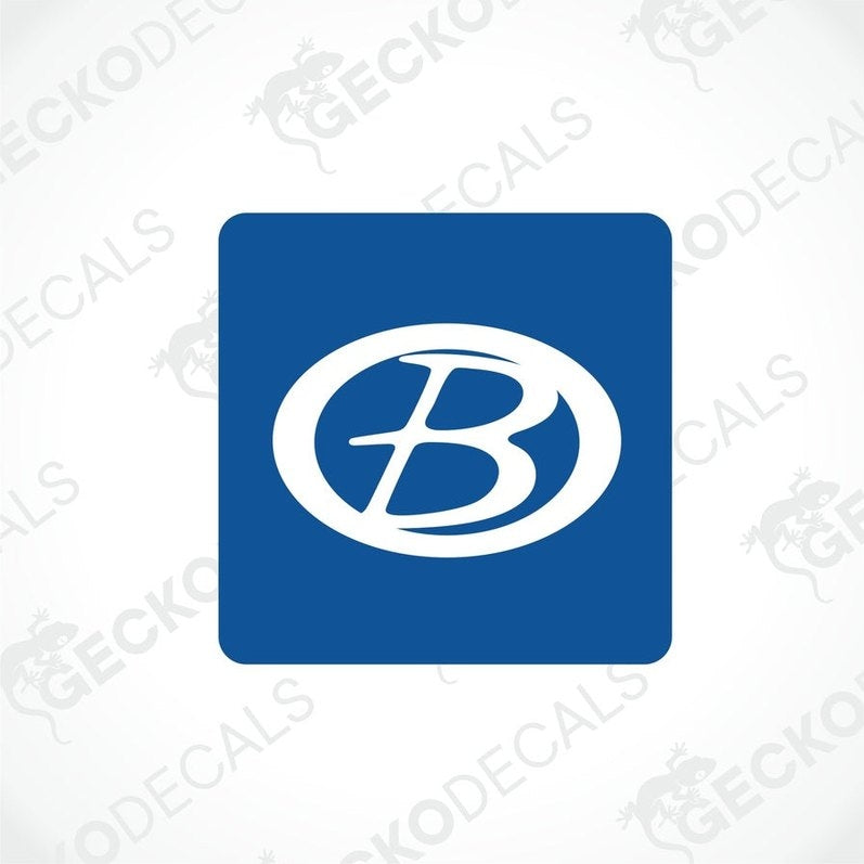 A blue and white sticker with the letter 'B' in a circular design, indicative of a brand logo.