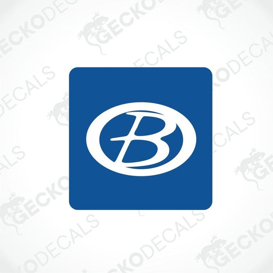 A blue and white sticker with the letter 'B' in a circular design, indicative of a brand logo.