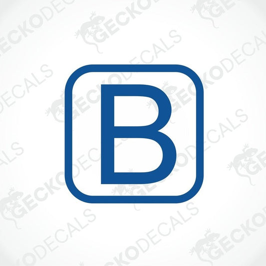 A blue square sticker with the letter 'B' in white.