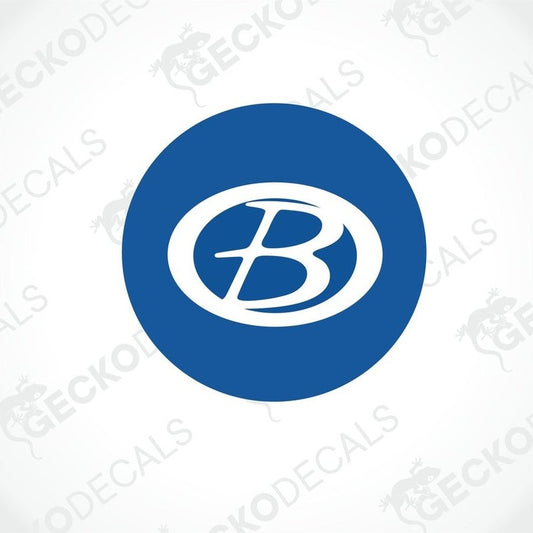 A circular blue and white sticker with the letter 'B' in the center, representing the 'BUCCANEER' brand logo.