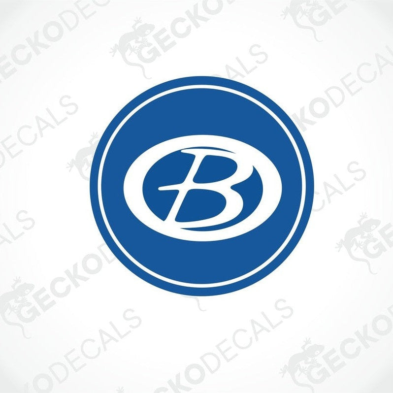 A blue circular vehicle decal with the letter 'B' in the center, with a white border and the brand name 'GECKODECALS' displayed at the bottom.