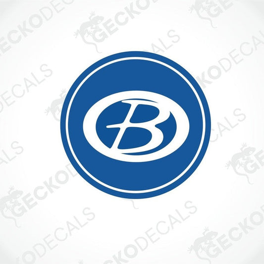 A blue circular vehicle decal with the letter 'B' in the center, with a white border and the brand name 'GECKODECALS' displayed at the bottom.