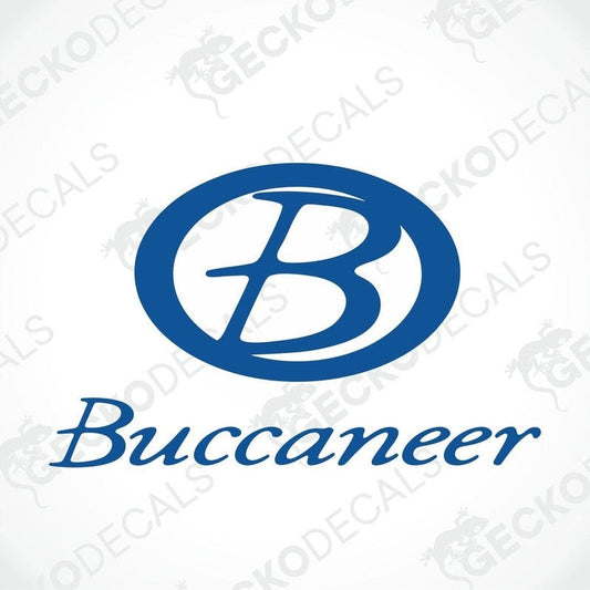 A blue and white die cut sticker with the word 'BUCCANEER' displayed in a circular logo.