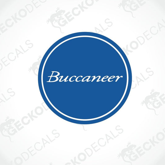 A blue circular decal with the word 'BUCCANEER' in white.