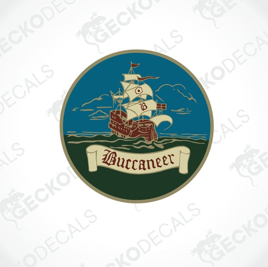 A circular sticker with a illustration of a ship and the word 'Buccaneer' written across the bottom banner.