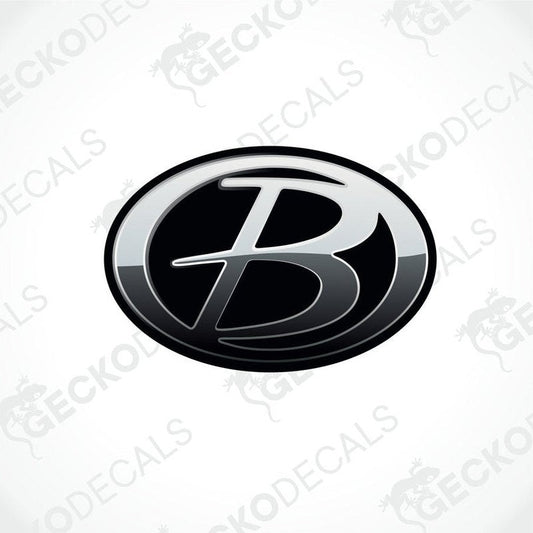 A black and silver decal with the word 'BUCCANEER' in the center, surrounded by a decorative border.