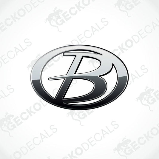 A silver die cut sticker with the word 'BUCCANEER' on it, delivered on a white background with a Gecko Decals watermark.
