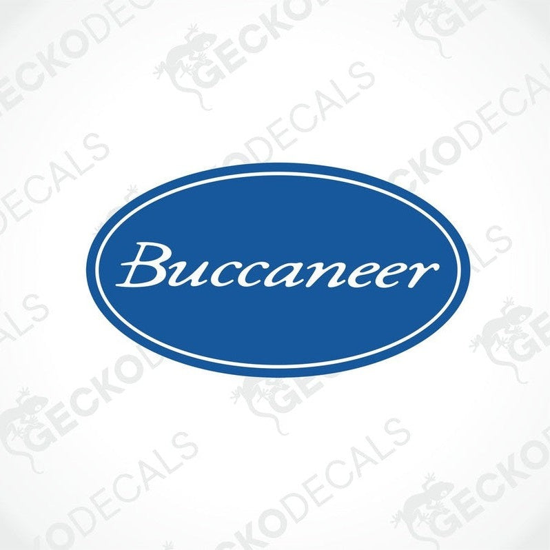 A blue and white oval-shaped sticker with the word 'Buccaneer' printed on it.