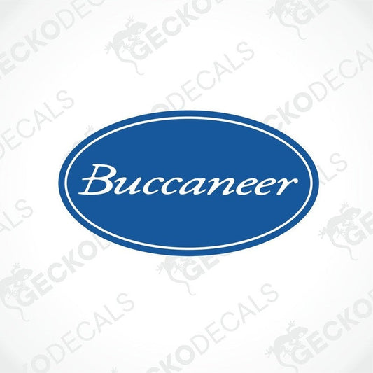 A blue and white oval-shaped sticker with the word 'Buccaneer' printed on it.