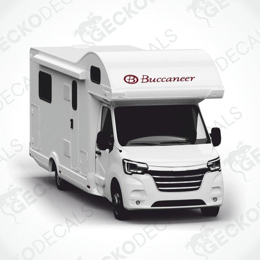 A white caravan with the 'Buccaneer' brand logo on the side.