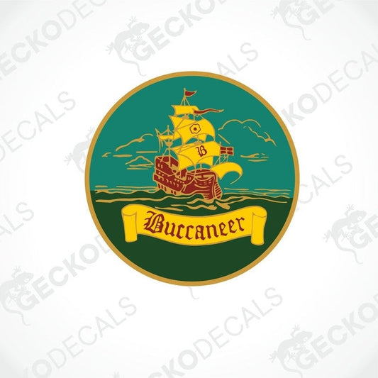 A circular sticker with a illustration of a ship and the word 'Buccaneer' written across the bottom.