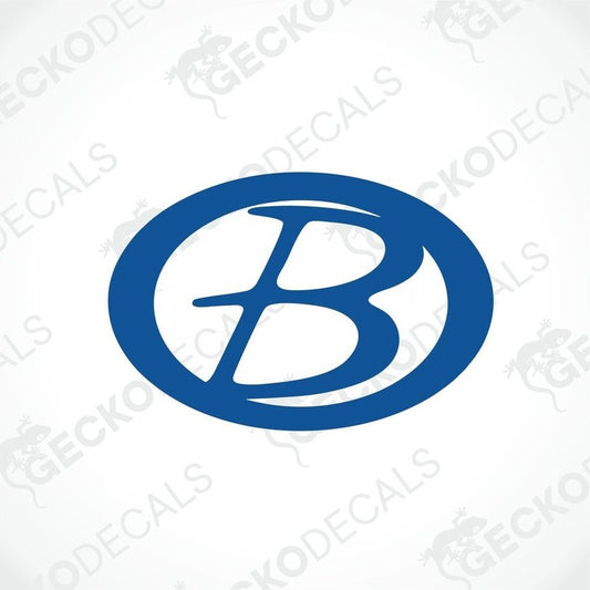 A blue circular sticker with the letter 'B' in the center, designed as a logo, on a white background with 'geckodecals' written across.