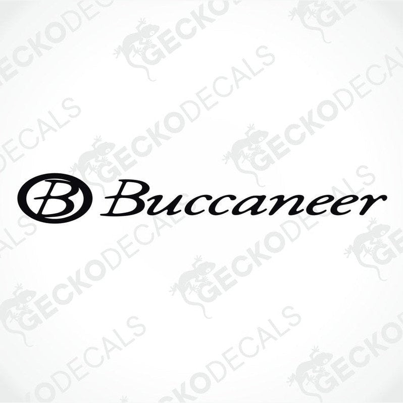 Black Buccaneer die-cut vinyl sticker with cursive logo for caravan interior or exterior