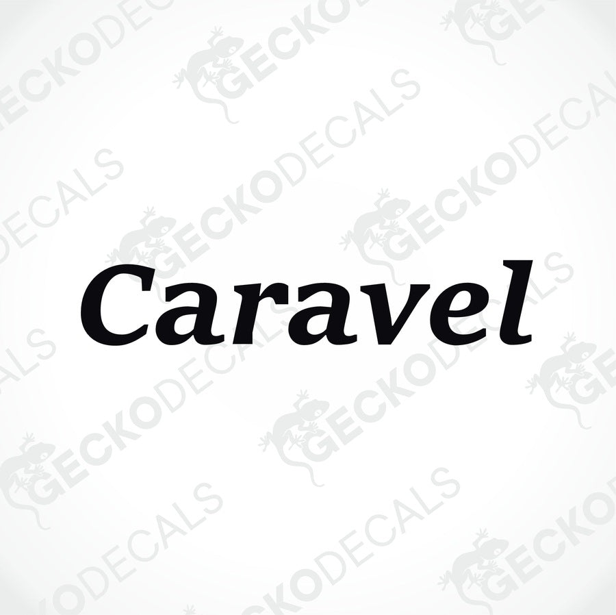A black die cut sticker with the word 'CARAVEL' printed on it, delivered on a white background with a Gecko Decals logo.