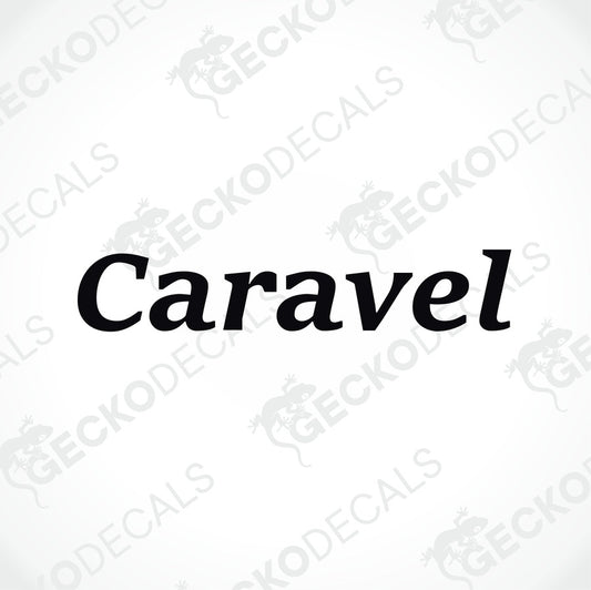 A black die cut sticker with the word 'CARAVEL' printed on it, delivered on a white background with a Gecko Decals logo.