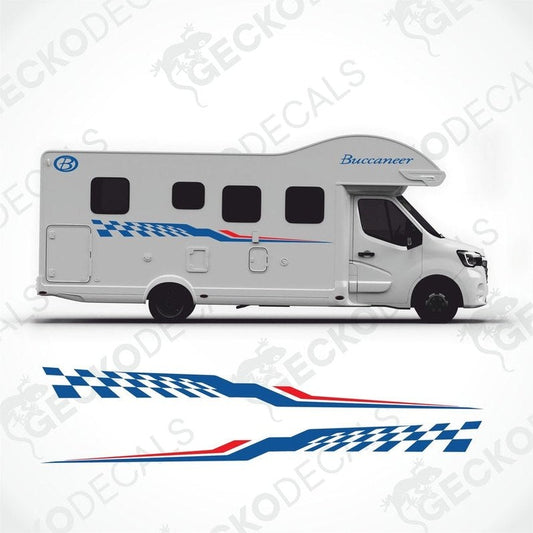 A white BUCCANEER caravan with blue and red decals and the brand name on the side.