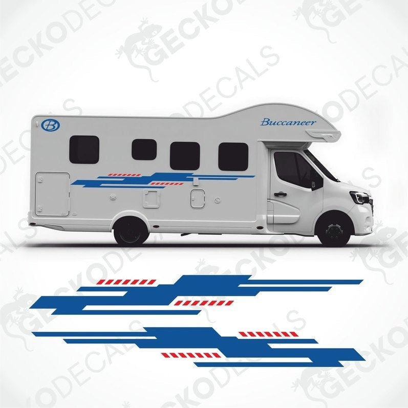 A set of die cut stickers for a caravan, including side decals, oval logos, and text decals, displayed on a white background.