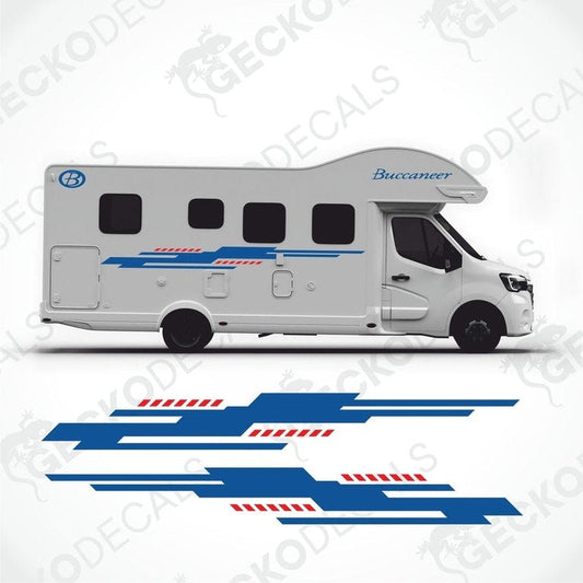 A set of die cut stickers for a caravan, including side decals, oval logos, and text decals, displayed on a white background.