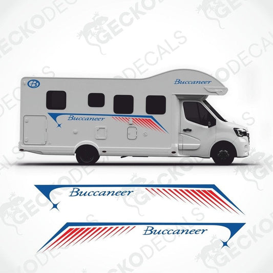 A white Buccaneer caravan with brand decals and a set of two Buccaneer logos and text decals.