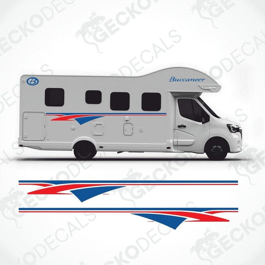 A white BUCCANEER caravan with blue and red decals and the brand name on the side.