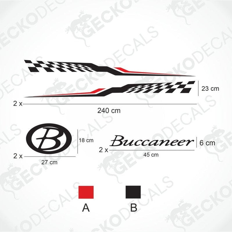 Buccaneer caravan sticker set diagram with red black checkered side decals oval logo and text