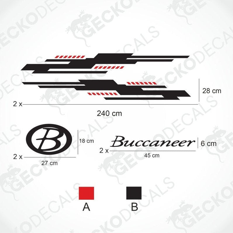 A set of die cut stickers for a caravan, including side decals, oval logos, and text decals, displayed on a white background.