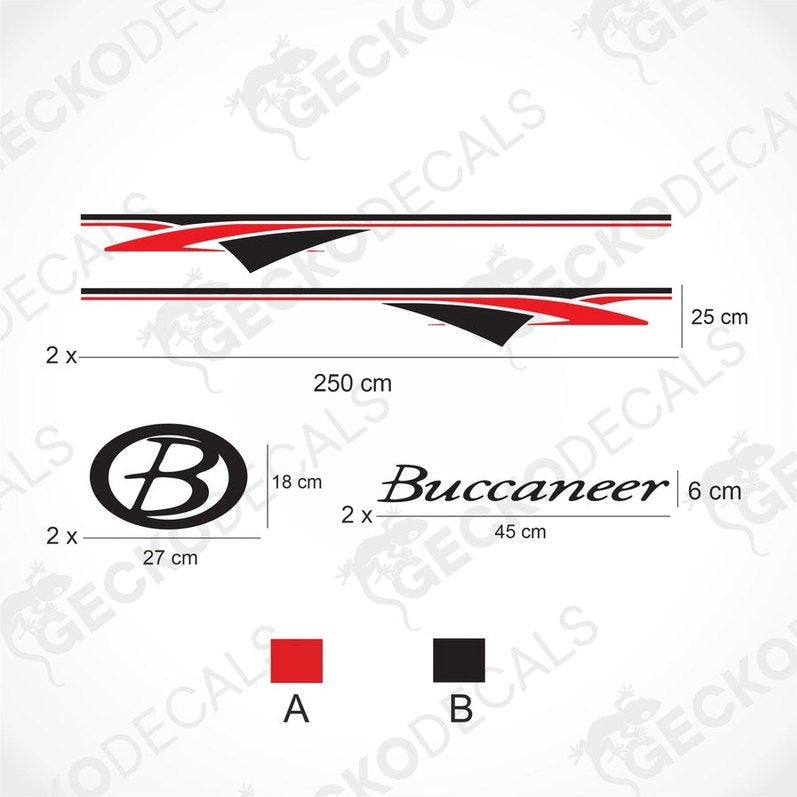 A white BUCCANEER caravan with blue and red decals and the brand name on the side.