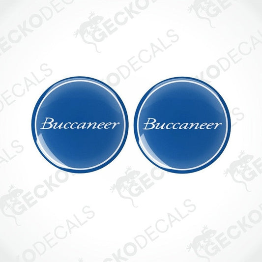 Two blue vinyl decals with the word 'Buccaneer' printed on them, placed on a white background.