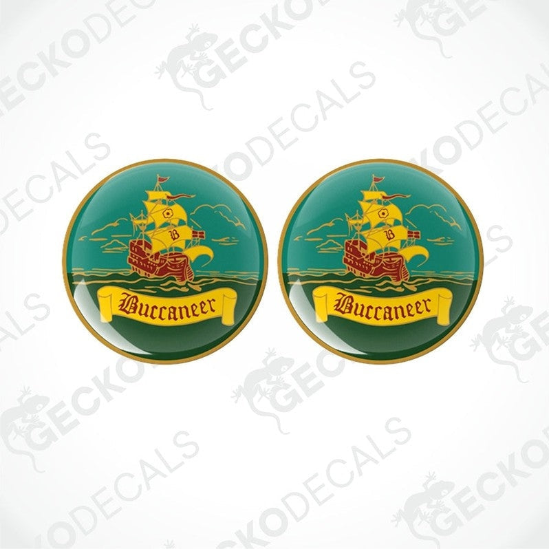 A set of two green vinyl stickers with a buccaneer ship and the word 'BUCCANEER' printed on them.