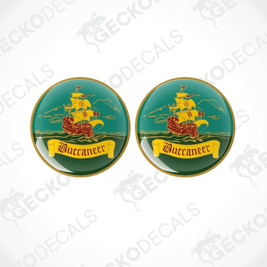A set of two green vinyl stickers with a buccaneer ship and the word 'BUCCANEER' printed on them.