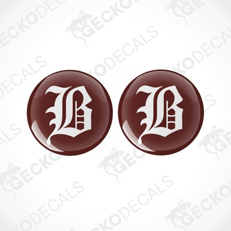 Buccaneer epoxy resin decals set with domed finish and gothic B letter