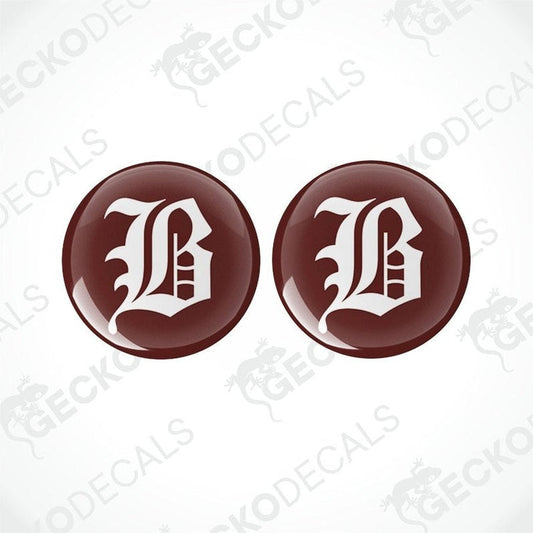 Buccaneer epoxy resin decals set with domed finish and gothic B letter