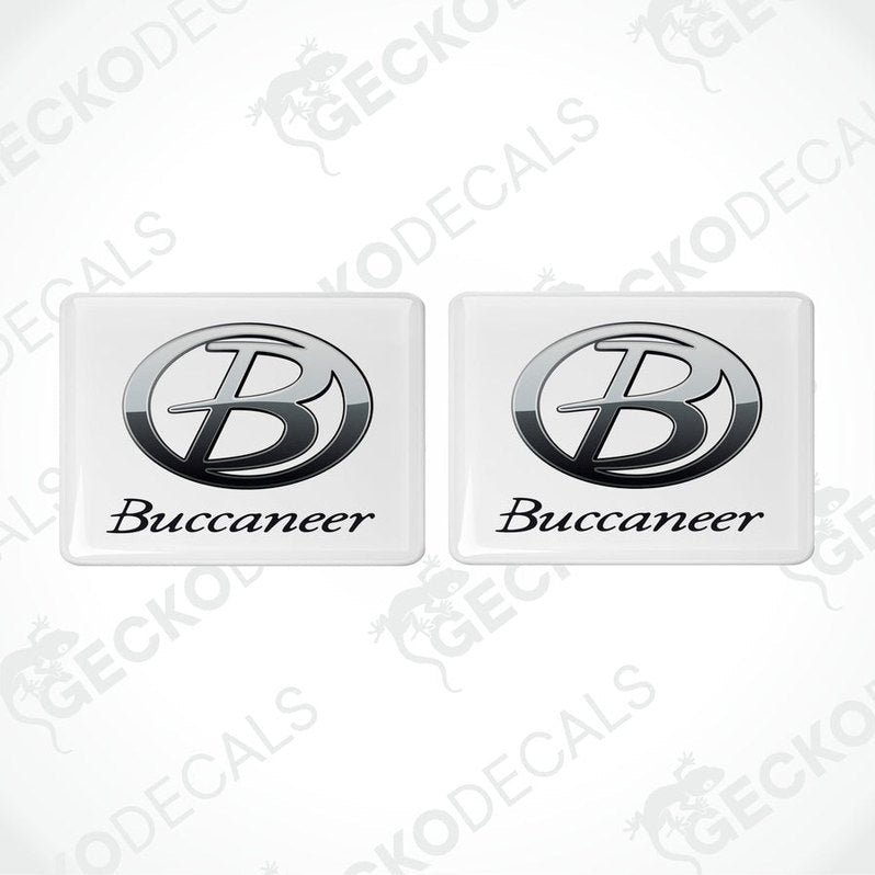 Two square-shaped black and white vinyl decals with the word 'Buccaneer' and the Buccaneer logo on them.