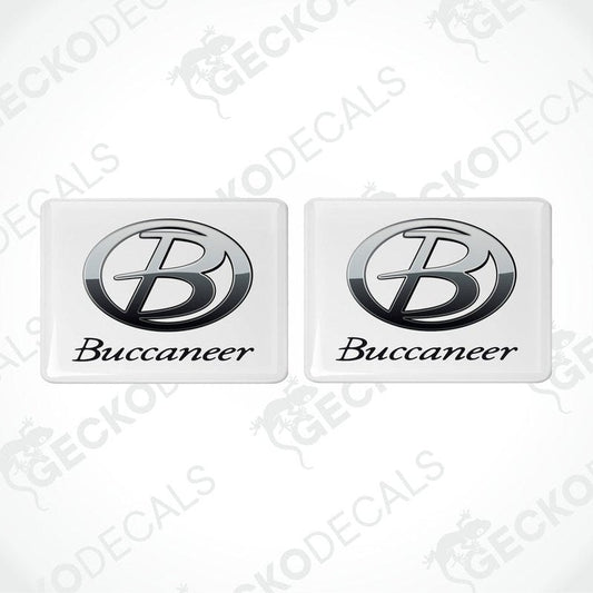Two square-shaped black and white vinyl decals with the word 'Buccaneer' and the Buccaneer logo on them.