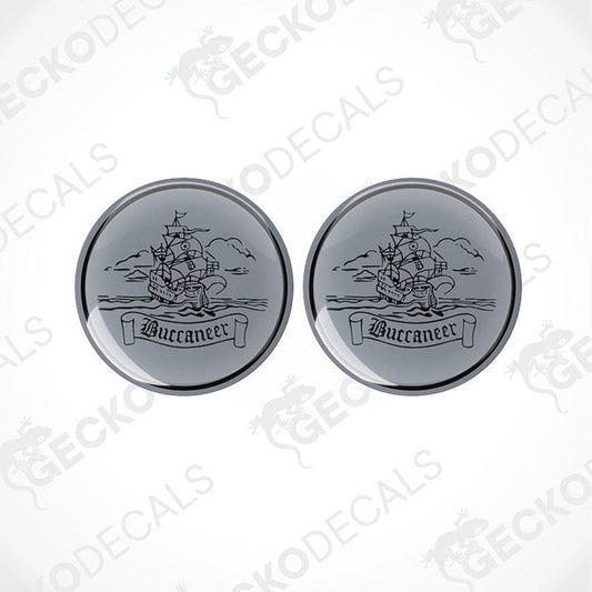 Two round black and white vinyl decals with the word 'Buccaneer' and an illustration of a ship.