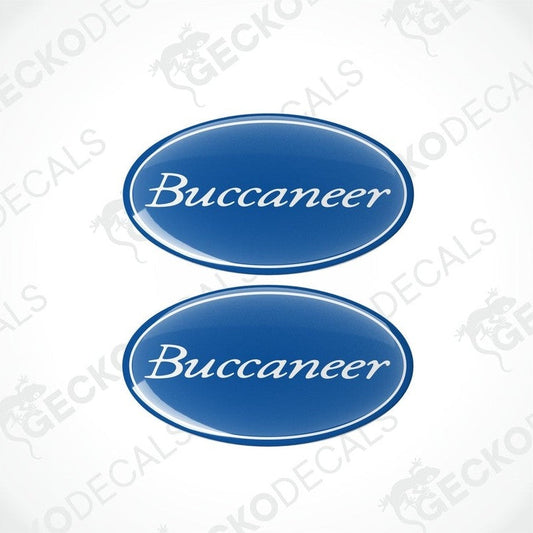 Two blue oval-shaped epoxy decals with the word 'Buccaneer' written in white.