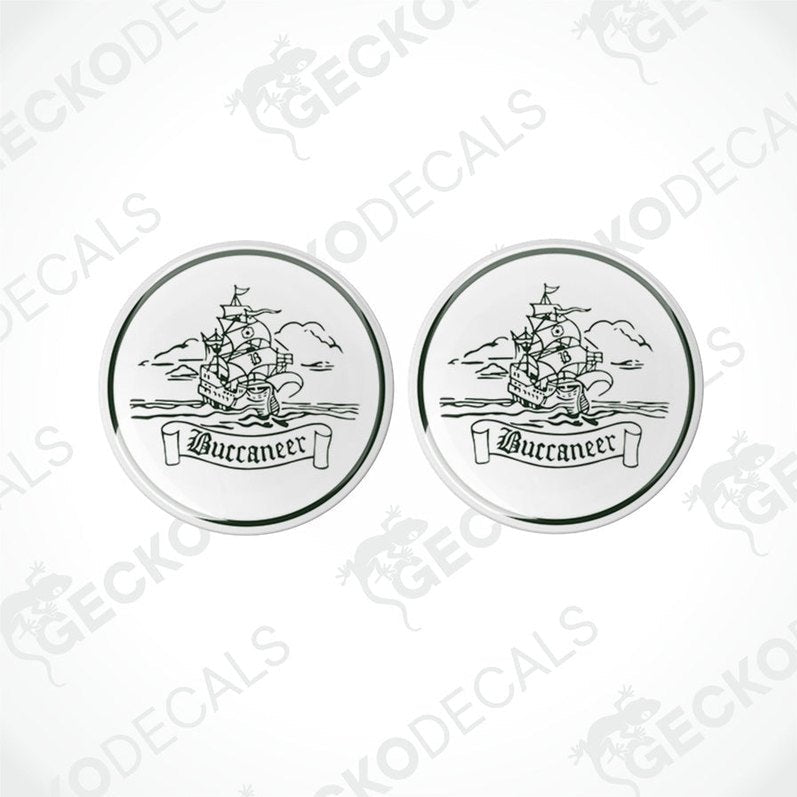 Two round white vinyl decals with polyurethane coating featuring the word 'Buccaneer' and an illustration of a pirate ship.