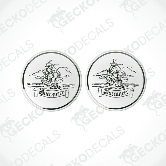 Two round white vinyl decals with polyurethane coating featuring the word 'Buccaneer' and an illustration of a pirate ship.