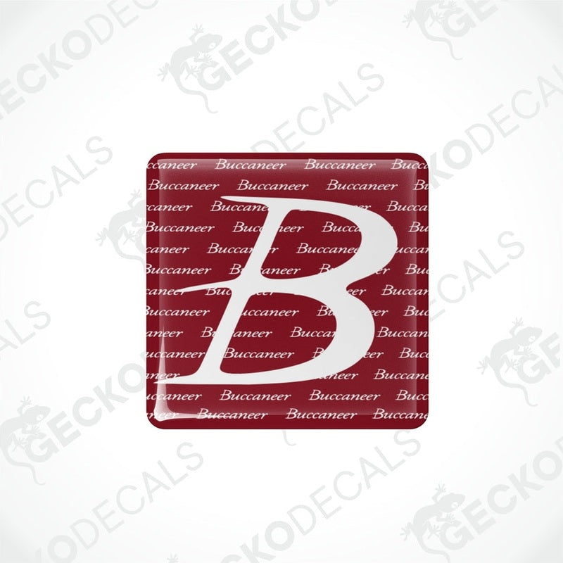  square red and white vinyl decals with the word 'Buccaneer' and the letter 'B' on them.