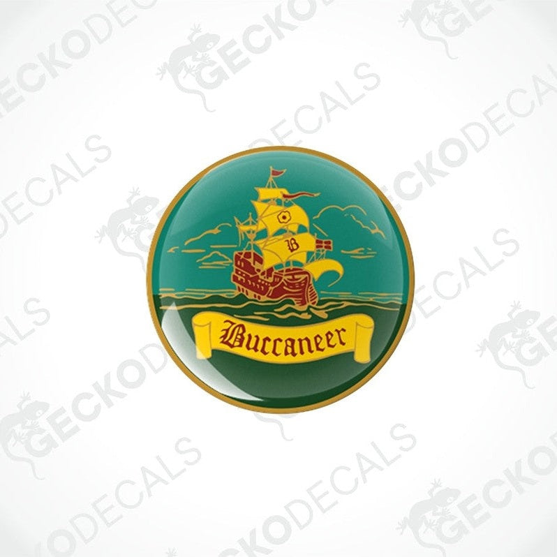 round epoxy decals with a pirate ship and the word 'Buccaneer' printed on them.