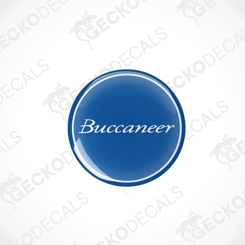  blue vinyl decals with the word 'Buccaneer' printed on them, placed on a white background.