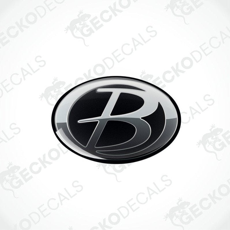 Single domed epoxy decal with silver B logo and black border