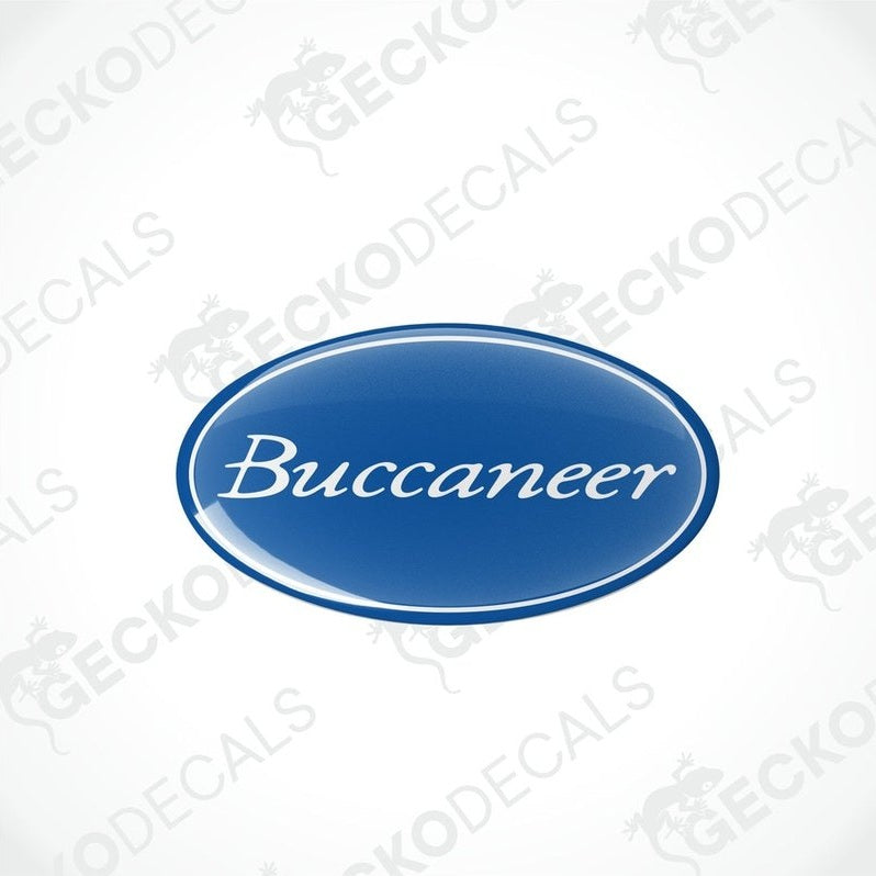  blue oval-shaped epoxy decals with the word 'Buccaneer' written in white.